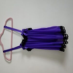 Victoris Secret Black Purple Stretch Mesh Lace Trim Negligee Sexy Pajamas Small